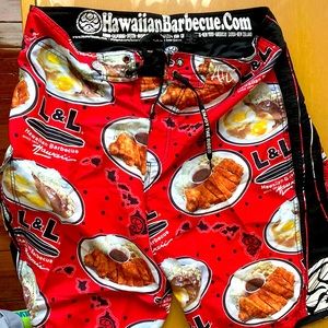Hawaiian Island Creations x L&L Hawaiian BBQ special edition board shorts.